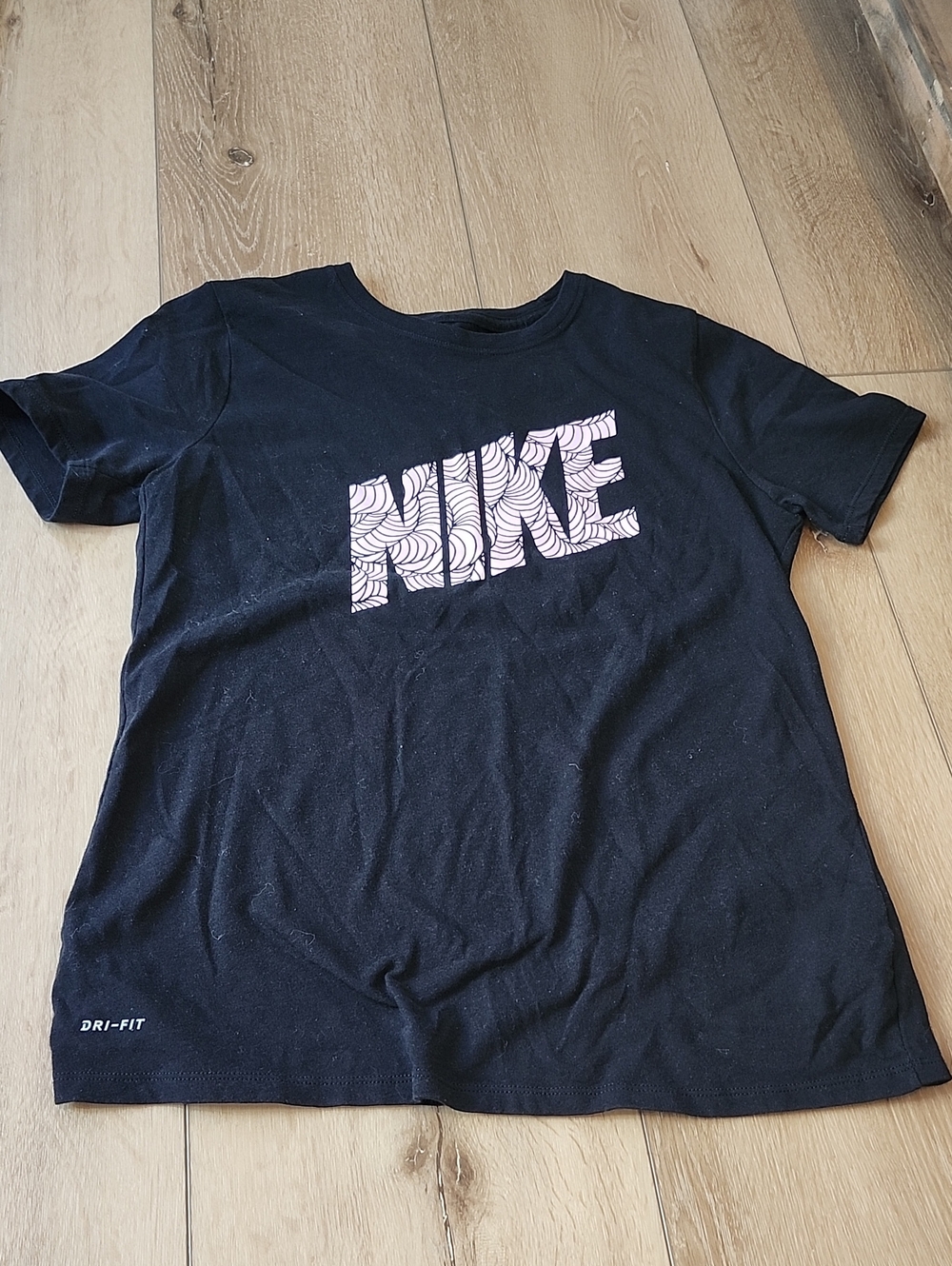 Nike Black Short-Sleeve Graphic Tee with Pink Logo, Womens Medium